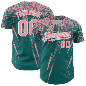 Custom Teal Medium Pink-White Distressed Scratch Brush Stroke Authentic Baseball Jersey