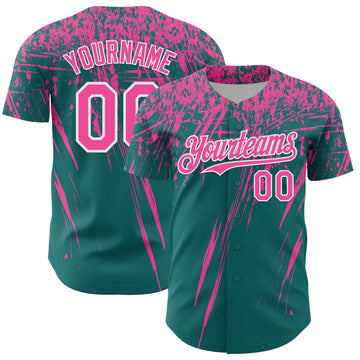 Custom Teal Pink-White Distressed Scratch Brush Stroke Authentic Baseball Jersey