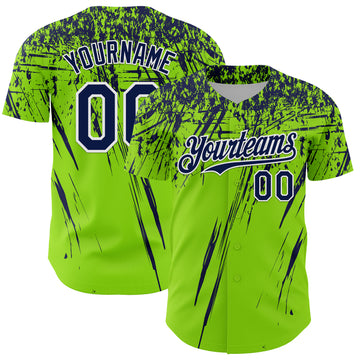 Custom Neon Green Navy-White Distressed Scratch Brush Stroke Authentic Baseball Jersey