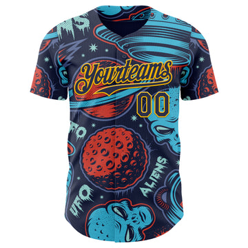 Custom Navy Gold 3D Pattern Design Alien UFO Space Authentic Baseball Jersey