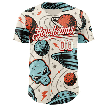 Custom Cream Red 3D Pattern Design Alien UFO Space Authentic Baseball Jersey