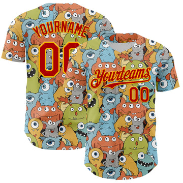 Custom White Red-Gold 3D Pattern Design Alien Monster Mash Authentic Baseball Jersey