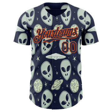 Custom Navy Orange 3D Pattern Design Alien UFO Space Authentic Baseball Jersey