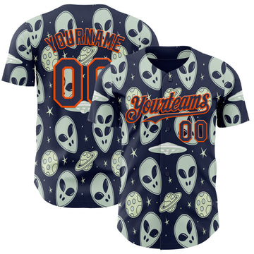 Custom Navy Orange 3D Pattern Design Alien UFO Space Authentic Baseball Jersey