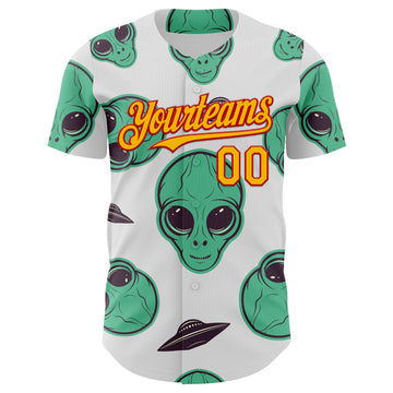 Custom White Gold-Red 3D Pattern Design Alien UFO Space Authentic Baseball Jersey