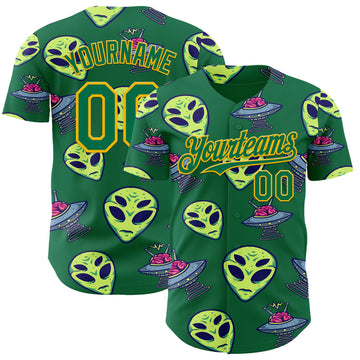 Custom Kelly Green Gold 3D Pattern Design Alien UFO Space Authentic Baseball Jersey
