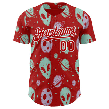 Custom Red White 3D Pattern Design Alien UFO Space Authentic Baseball Jersey