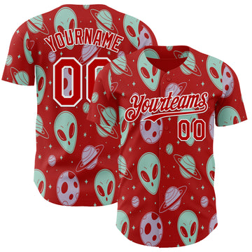 Custom Red White 3D Pattern Design Alien UFO Space Authentic Baseball Jersey
