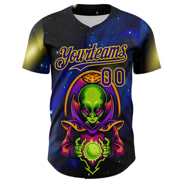 Custom Navy Dark Purple-Yellow 3D Pattern Design Alien UFO Space Galaxy Authentic Baseball Jersey