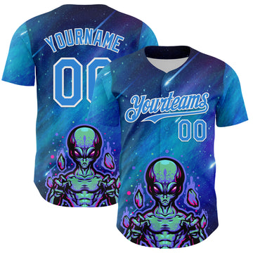 Custom Blue Electric Blue-White 3D Pattern Design Alien UFO Space Galaxy Authentic Baseball Jersey
