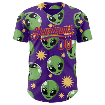 Custom Purple Green-Orange 3D Pattern Design Cartoon Alien Authentic Baseball Jersey