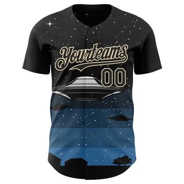 Custom Black Cream 3D Pattern Design Alien UFO Galaxy Night Sky Town Authentic Baseball Jersey
