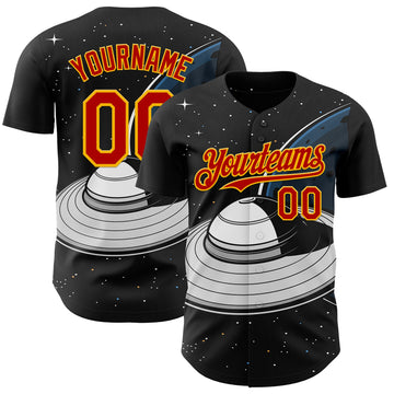 Custom Black Red-Gold 3D Pattern Design Alien UFO Saucer Authentic Baseball Jersey