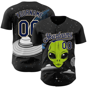 Custom Black Navy-Cream 3D Pattern Design Alien UFO Galaxy Authentic Baseball Jersey