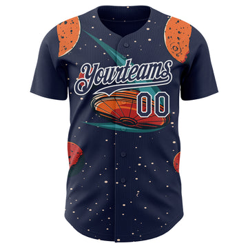 Custom Black Navy Orange-White 3D Pattern Design Alien UFO Galaxy Authentic Baseball Jersey