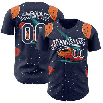 Custom Black Navy Orange-White 3D Pattern Design Alien UFO Galaxy Authentic Baseball Jersey