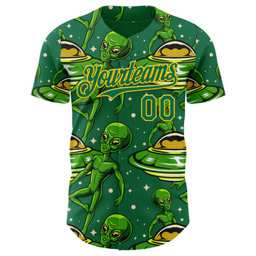Custom Kelly Green Yellow 3D Pattern Design Alien UFO Galaxy Authentic Baseball Jersey