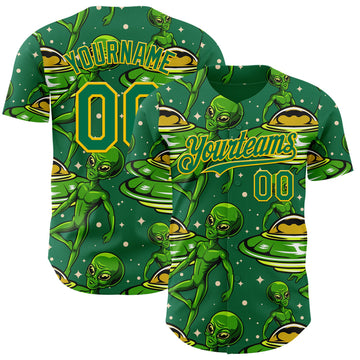 Custom Kelly Green Yellow 3D Pattern Design Alien UFO Galaxy Authentic Baseball Jersey