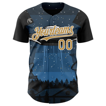 Custom Blue Old Gold Black-White 3D Pattern Design Alien UFO Galaxy Authentic Baseball Jersey