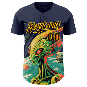 Custom Navy Brown-Gold 3D Pattern Design Alien UFO Psychedelic Galaxy Authentic Baseball Jersey