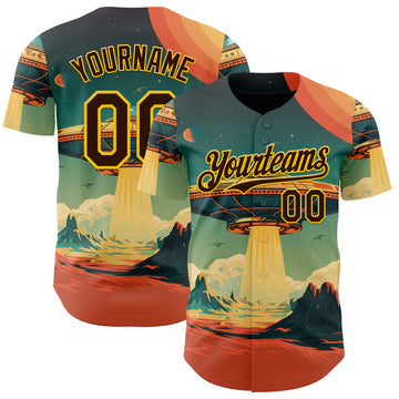 Custom Blue Brown Orange-Gold 3D Pattern Design Alien UFO Galaxy Authentic Baseball Jersey