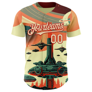 Custom Orange Cream-Red 3D Pattern Design Alien Spaceship Fleet UFO Galaxy Authentic Baseball Jersey