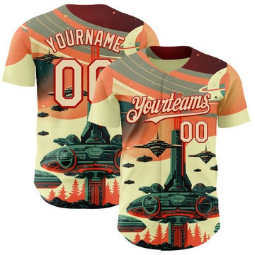 Custom Orange Cream-Red 3D Pattern Design Alien Spaceship Fleet UFO Galaxy Authentic Baseball Jersey