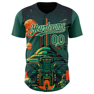 Custom Black Kelly Green-Cream 3D Pattern Design Alien Spaceship Fleet UFO Galaxy Authentic Baseball Jersey