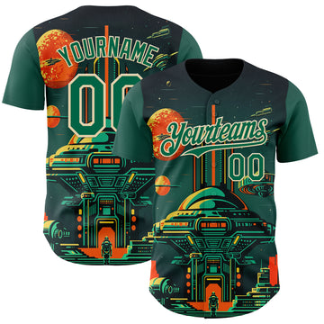 Custom Black Kelly Green-Cream 3D Pattern Design Alien Spaceship Fleet UFO Galaxy Authentic Baseball Jersey