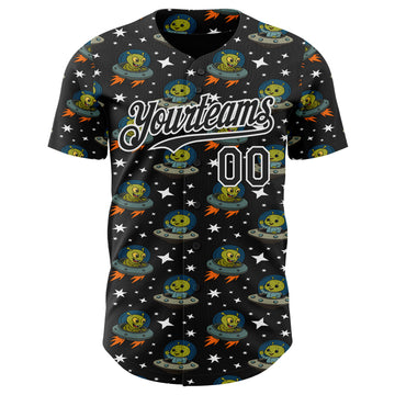 Custom Black White 3D Pattern Design Cartoon Alien UFO Space Galaxy Authentic Baseball Jersey