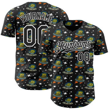 Custom Black White 3D Pattern Design Cartoon Alien UFO Space Galaxy Authentic Baseball Jersey