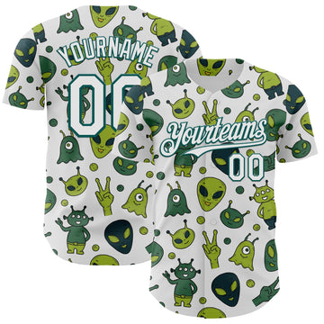 Custom White Midnight Green 3D Pattern Design Cartoon Alien Authentic Baseball Jersey