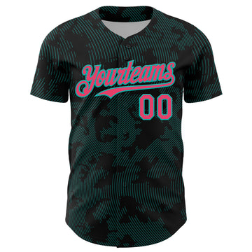 Custom Black Neon Pink-Aqua Curve Lines Authentic Baseball Jersey