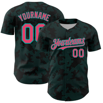 Custom Black Neon Pink-Aqua Curve Lines Authentic Baseball Jersey