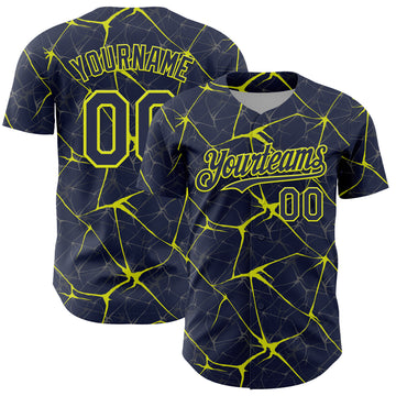 Custom Navy Neon Yellow 3D Pattern Design Abstract Network Authentic Baseball Jersey