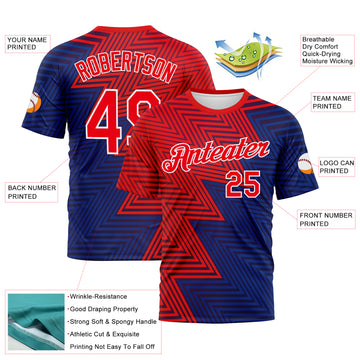 Custom Fire Red Blue-White 3D Pattern Zigzag Lineal Performance T-Shirt