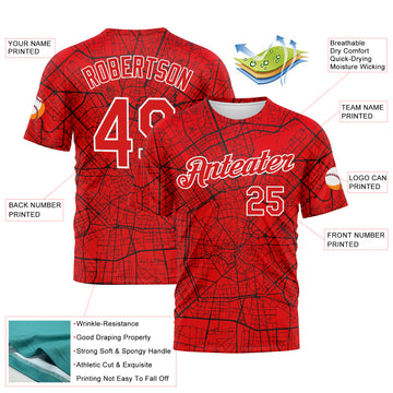 Custom Fire Red-White 3D Pattern City Street Map Urban Grid Performance T-Shirt