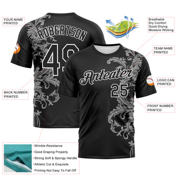 Custom Black Gray-White 3D Pattern Baroque Rococo Floral Scrollwork Performance T-Shirt