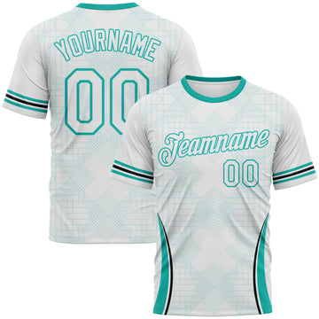 Custom White-Aqua 3D Pattern Geometric Retro Athletic Performance T-Shirt