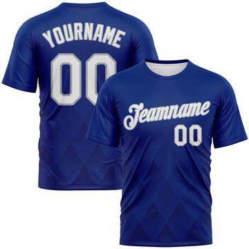 Custom Royal White-Gray 3D Pattern Diamond Vintage Argyle Performance T-Shirt