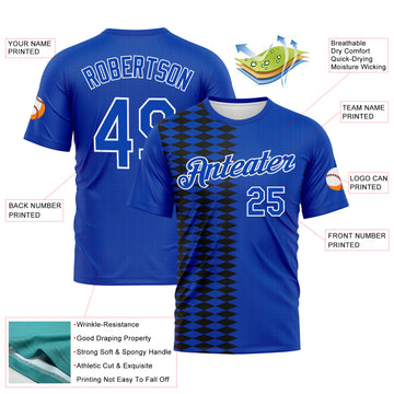 Custom Thunder Blue Black Royal-White 3D Pattern Classic Argyle Diamond Performance T-Shirt