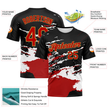 Custom Black Red White-Old Gold 3D Pattern Splash Performance T-Shirt