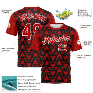 Custom Black Red-White 3D Pattern Geometric Diamond Performance T-Shirt