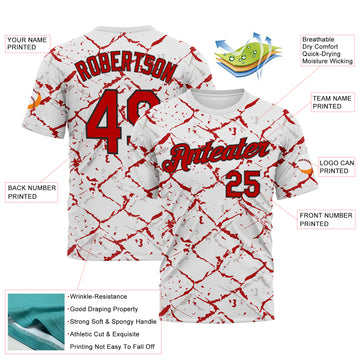 Custom White Red-Black 3D Pattern Chain Link Cracked Performance T-Shirt