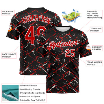 Custom Black Red-White 3D Pattern Chain Link Cracked Performance T-Shirt
