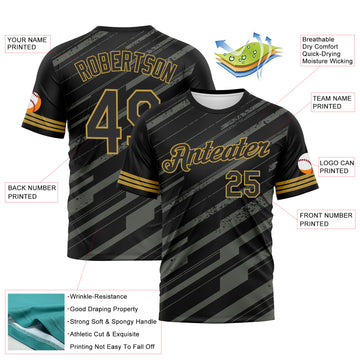 Custom Black Steel Gray-Old Gold 3D Pattern Diagonal Stripe Speed Line Performance T-Shirt