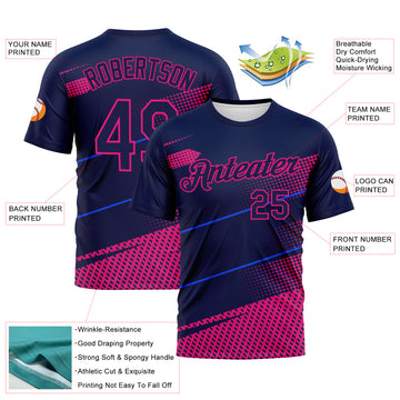 Custom Navy-Hot Pink 3D Pattern Diagonal Stripe Halftone Performance T-Shirt