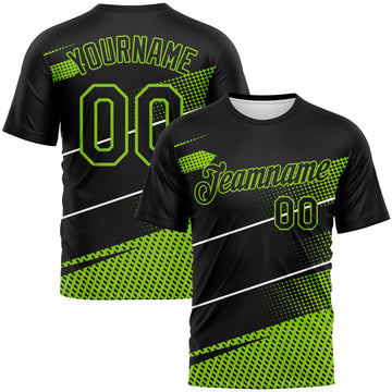 Custom Black Neon Green-White 3D Pattern Diagonal Stripe Halftone Performance T-Shirt