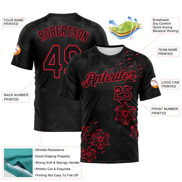 Custom Black-Fire Red 3D Pattern Geometric Star Smoke Effect Performance T-Shirt