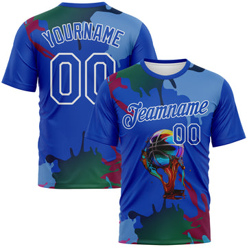 Custom Thunder Blue-White 3D Pattern Paint Splash Basketball Graffiti Style Performance T-Shirt